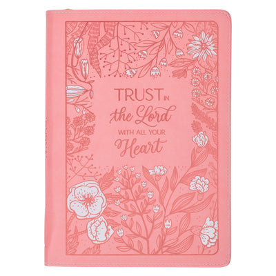 Christian Art Gifts Pink Vegan Leather Zipped Journal, Inspirational Notebook Trust in the Lord Scripture, Flexible Cover, 336 Ruled Pages, Bookmark, Proverbs 3:5 Bible Verse